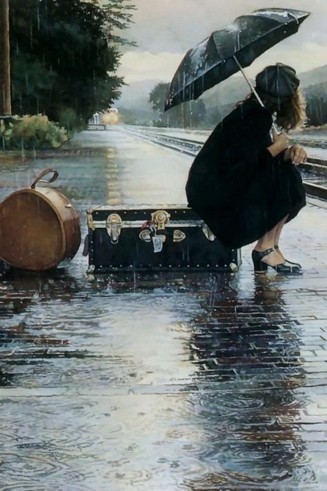 Steve Hanks, Girl In Rain, Rain Painting, I Love Rain, Painting Of A Woman, Rainbow Rain, Umbrella Art, Love Rain, Photo Stands