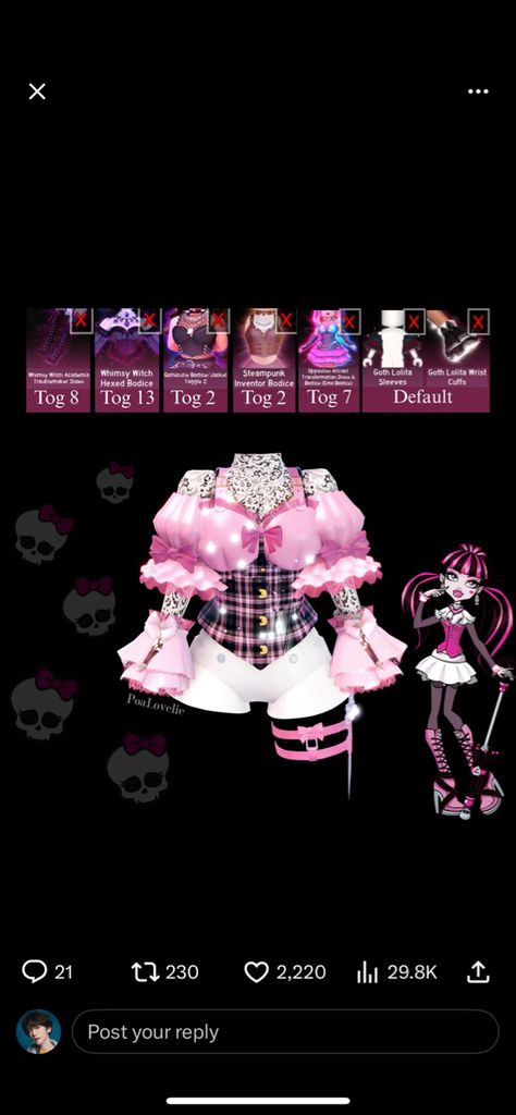 Poison Ivy Royale High, Torso Combo Royale High, Vampire Council Royale High, Opposite Attract Set Royale High, Pink Royal High Outfits, Draculaura Royale High Outfit, Harley Quinn Royale High, Steampunk Royale High, Masc Corset Combos Royale High