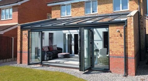 Conservatory with side walls and fully opening glass wall Lean To Extension, Lean To Conservatory, Conservatory Extension, Orangery Extension, Conservatory Design, Garden Room Extensions, House Extension Plans, Lean To, Room Extensions