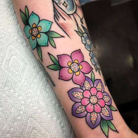 Book Tattoo Colorful, Neo Traditional Flower Tattoo Design, Girly Tattoo Sleeve, Alex Strangler, Flower Fillers, Geometric Flower Tattoo, Traditional Tattoo Flowers, Tattoo Flowers, Kawaii Tattoo