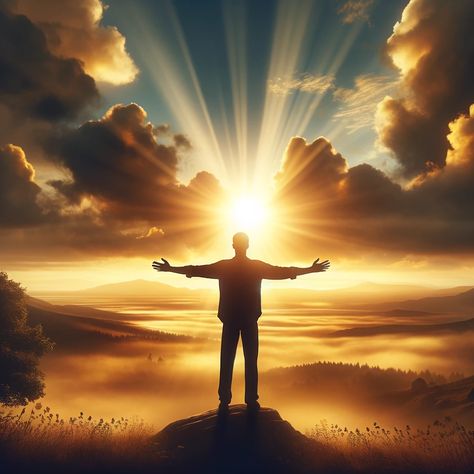 A serene landscape at sunrise, symbolizing peace and new beginnings. In the foreground, a solitary man stands with his arms spread wide, facing the rising sun. The sun's rays break through the clouds, casting a warm, golden light over the landscape. The man's posture and the sunrise symbolize feeling uplifted and rejuvenated by biblical affirmations. Sun Morning Photography, Sun Rise Pictures Mornings, Love In Bible, Affirmations For Him, Rising Sun Wallpaper, Sun Through Clouds, Rising Sun Pictures, Break Through, Spiritual Man