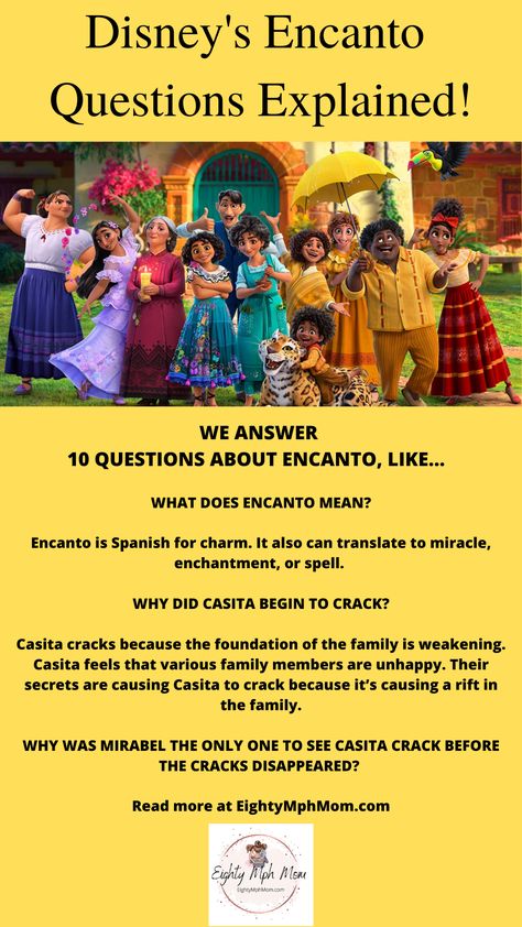 We answer ALL questions lingering after watching Disney's Encanto and things you missed. #encanto #encantoexplained #disney #disneyencanto #familymovienight #disney via @eightymphmom Disney Encanto, Encanto Next Generation, Encanto Songs, Encanto Dinner And A Movie, Encanto Quotes Disney, Encanto We Dont Talk About Bruno, Learning People, Family Movie Night, Prime Video