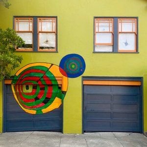 Berkeley Garages Kayak Shed, Mural Art Interior, Garage Door Art, Garage Door Mural, Exterior Garage Door, Ian Wood, Garage Door Paint, Exterior Murals, Exterior Of House