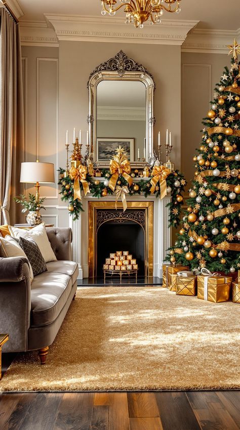 Christmas Aesthetic Silver Christmas Aesthetic, Green Family Rooms, Christmas Aesthetic Ideas, Gold And Silver Christmas, Grand Fireplace, Creative Lighting Ideas, Holiday Dining Room, Holiday Movie Night, Rose Gold Christmas