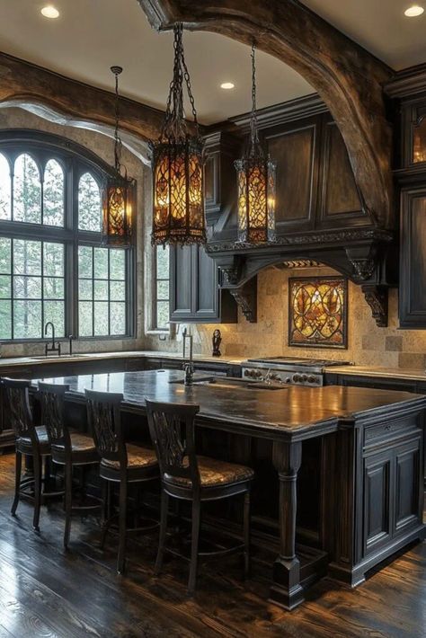 Luxury French Country Kitchen, Modern Gothic House Interior, Gothic Cottage Interiors, Rustic Gothic Home Decor, Modern Gothic Interior Design, Gothic Kitchen Ideas, Modern Gothic House, Modern Gothic Interior, Modern Gothic Home