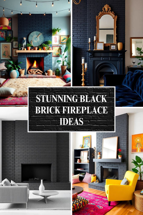 Are you ready to elevate your living room’s aesthetic with a striking black brick fireplace?  This chic feature adds a touch of modern elegance while providing a cozy ambiance perfect for gathering with loved ones.  From minimalist designs to bold, eclectic styles, these 20 stunning black brick fireplace ideas will inspire you to reimagine your space into a warm and inviting haven. Living Room Paint Color Ideas With Black Fireplace, Dark Brick Mantel Decorating Ideas, Stick On Brick Fireplace, Mid Century Black Fireplace, Black And Gray Fireplace, Fireplace Brick Painted Black, Black Fireplace With Black Wall, Black Built In Fireplace, Modern Brick Fireplace Makeover