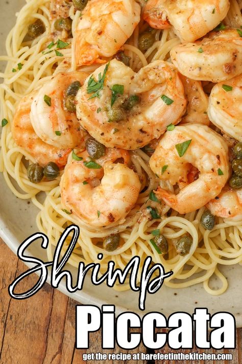 Weeknight Shrimp Piccata Shrimp Picatta Recipe, Lemon Wine Sauce, Shrimp Piccata, Parmesan Asparagus Baked, Grilled Foil Packets, Lemon Wine, Piccata Recipe, Seafood Plates, Gourmet Food Plating