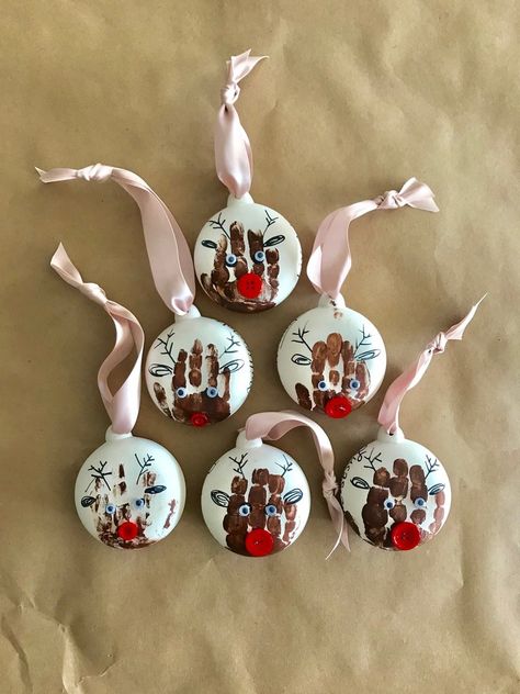 Footprint/Handprint Ornaments – Marquin Designs Reindeer Ornaments Handprint, Finger Paint Christmas Ornament, Foot Ornaments For Kids, Toddler Ornament Craft Hand Prints, Handprint Ball Ornaments, Sentimental Ornaments Diy Kids, Handprint Ornaments Ball, Diy Footprint Ornament, Ornament Ideas For Toddlers