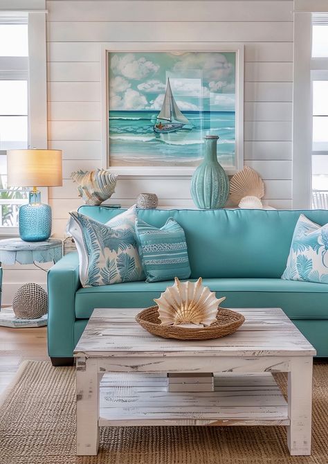 Tropical Beach Decor, Turquoise Living Room, Coastal Living Rooms Ideas, Colorful Beach House Decor, Coastal Cottage Living Room, Beachy Living Room, Coastal Style Living Room, Decorating Your Living Room, Living Rooms Ideas