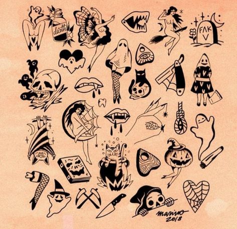 Small Tattoos Edgy, Edgy Flash Tattoos, Small Black Work Tattoo, Alt Patchwork Tattoo, Music Flash Tattoos, Small Edgy Tattoos, Goth Tattoo Flash Sheet, Lsd Tattoo, Sheet Music Tattoo