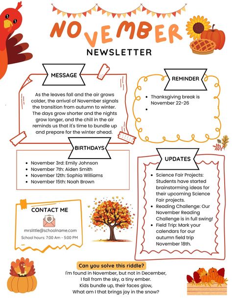 November Newsletter Template, November Reading, November 12th, Thanksgiving Break, Classroom Newsletter, Teacher Education, Science Fair Projects, Reading Challenge, Science Fair