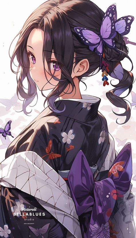 Illustration by Bella blues on Pinterest Purple Kimono Anime, Shinobu Kochou Fanart, Purple Kimono, Anime Kimono, Shinobu Kocho, Manga Cute, Anime Couples Drawings, Girly Art, Slayer Anime