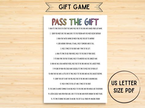 This pass the gift game game includes the perfect game to make gift exchange with family and friends an amazing time! * I N C L U D E D * * Pass the gift game * F E A T U R E S * * A pdf with 2 game cards per page * Each game card is 5 x 7 inches * Instant download * Print as letter size (8.5 x 11 inch) * I N S T R U C T I O N S * After placing your order, you can download your files right away. You'll see a download link on the screen and you'll receive an email as well. Print your files - at home, at a local print shop or at an online printer such as Office Depot or Staples. Print as many copies as you like. Please reach out with any questions! Thanks for stopping by Hey Printables! This purchase is for PERSONAL USE ONLY, and not for commercial use and resale. Please do not share or copy Pass The Gift Game Birthday, Pass The Gift Game, Party Games Family, Games Family, Reunion Games, Family Reunion Games, Games Party, Birthday Activities, Kids Games