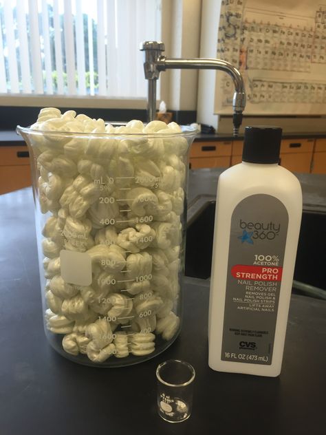 The materials needed for this lab: Packing peanuts, 100% acetone, tiny beaker (I used a 10m beaker), large beaker (I used a 2000ml beaker). Fun Chemistry, About Chemistry, Chemistry Activities, Chemistry Projects, Chemistry Classroom, High School Chemistry, Teaching Chemistry, 8th Grade Science, Chemistry Lessons