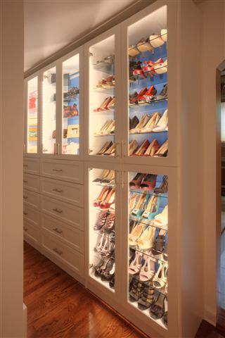 Closet & Storage Concepts Shoe Storage with upgraded glass doors, glass shelves and lighting Closet Glass Doors, Glass Door Closet, Closet With Glass Doors, A Walk In Closet, Glass Shelves In Bathroom, Glass Shelves Decor, Glass Shelves Kitchen, Ideas Closet, Closet Hacks