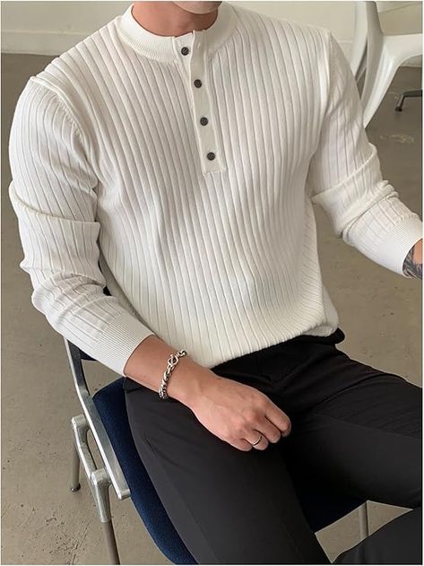 Men's Half Button Pullover Tops Ribbed Knit Long Sleeve Sweater                                                       Price:$34 Button Down Shirt With Sweater, Mens Prom Outfit, Autumn Sweater, Outfits Hombre, Button Sweater, Estilo Chic, Sweater White, Mens Cardigan, Collar Sweater