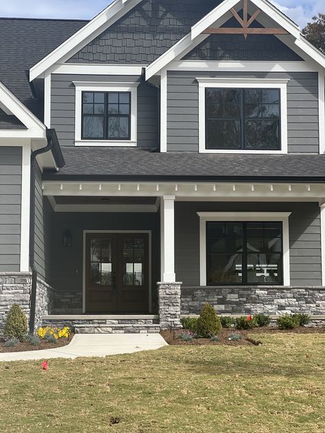 2 Tone Gray House Exterior, Grey Siding White Windows, Dark Gray House With White Trim, Light Gray House With Black Windows, Cavern Steel Lp Siding, Black Roof Exterior Color Schemes, Light Grey House Black Windows, Tundra Gray Lp Siding, Gray Siding Black Roof