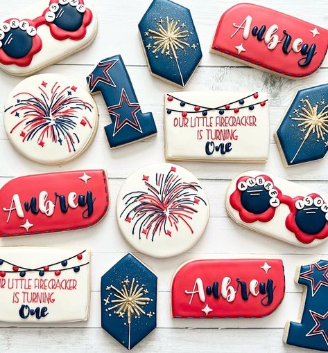 July Baby Birthday, Firecracker Cookies, Patriotic Sugar Cookies, Patriotic Cookies, Cow Cookies, Fourth Of July Cakes, First Birthday Cookies, Flooding Cookies, Sugar Cookie Royal Icing