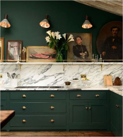 forest green kitchen Classic Cabinets, Homemade Furniture, Devol Kitchens, Bohemian Kitchen, Green Kitchen Cabinets, Marble Counter, Green Cabinets, Kitchen Upgrades, Kitchen Marble