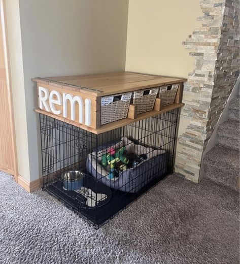 Dog Area In Bedroom Ideas, Make Dog Crate Pretty, Dog Storage Organization, Puppy Corner Ideas In Bedroom, Puppy Room Set Up, Dog Clothes Organization, Dog Room Set Up, Dog Supply Storage Ideas, Aesthetic Dog Crate Ideas