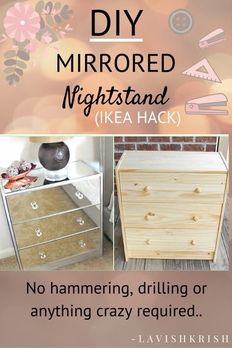 Diy Kallax, Mirrored Nightstand, Furniture Hacks, Diy Mirror, Mirrored Furniture, Retro Home Decor, Décor Diy, Ikea Hacks, Night Stand