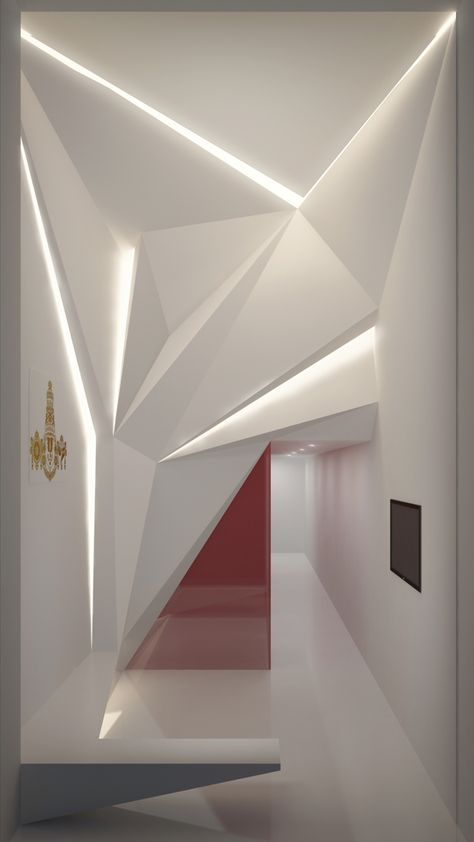 Faceted interior by DOTcode Diagonal Interior Design, Deconstructivism Interior Design, Deconstruction Interior Design, Triangle Interior Design, Deconstructivism Interior, Geometric Ceiling, Polygon Design, Interior Design Institute, Hotel Lobby Design