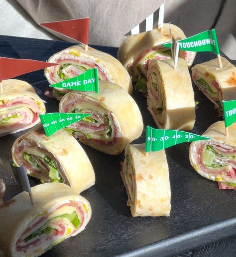 Gourmet Gameday: Grinder Pinwheels — Hauste Grinder Pinwheels, Grinder Sandwich, Deli Turkey, Sandwich Ingredients, Cold Cuts, Provolone Cheese, Romaine Lettuce, Provolone, Flour Tortillas