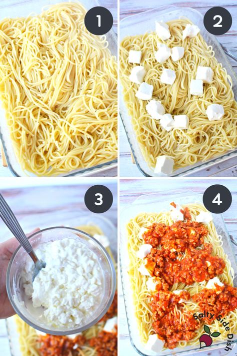 TikTok Million Dollar Spaghetti with Cream Cheese | Salty Side Dish Million Dollars Spaghetti Casserole, Spaghetti Cream Cheese Recipes, Spaghetti With Sour Cream Recipes, Baked Speggetti Recipes, Baked Speggetti Recipes Easy, Million Dollar Spaghetti With Cream Cheese, Million Dollar Spaghetti Cottage Cheese, Speggetti Casserole Recipe, Spaghetti Pie With Cream Cheese