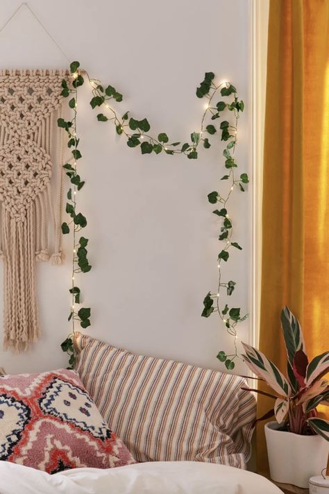 Some faux ivy string lights that'll look ~de-vine~ no matter where you hang them. Cute String Lights, String Lights Living Room, Vine String Lights, Boho Dorm Decor, Boho Dorm, Ivy Vine, Hanging Vines, Bedroom Ceiling, Leaf Garland