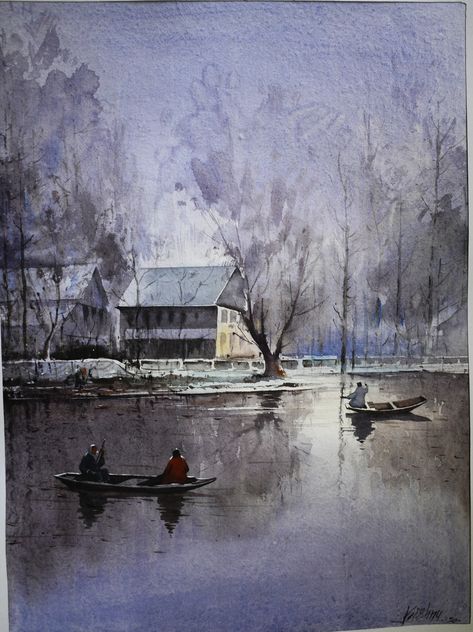 Winter in Kashmir India Nature River, Kashmir India, River Painting, Boat Fashion, Late Autumn, River Bank, Boat Painting, White River, Winter Painting