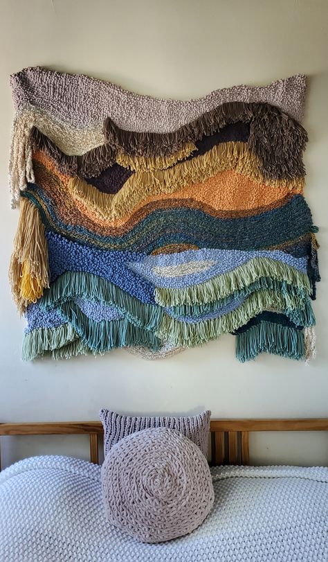 100% hand woven/knitted/crochet wall hanging. This beautiful piece is made with so much passion and love. Colourful Wall Hanging, Crochet Fiber Art, Hand Woven Wall Hanging, Woven Wall Tapestry, Home Textile Products Ideas, Knitted Wall Art, Contemporary Macrame, Weave Artwork, Woven Tapestry Wall Hangings