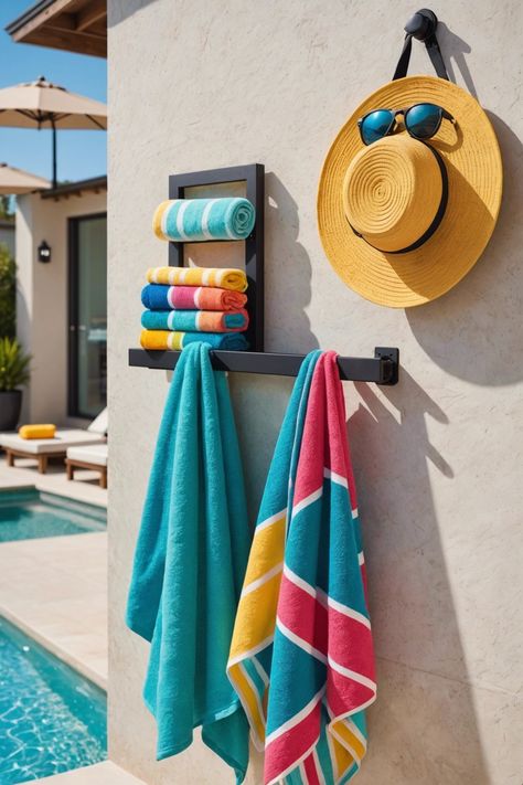 20 Pool Towel Rack Ideas – ToolzView Pool Towel Rack Ideas, Poolside Towel Rack, Pallet Towel Rack, Towel Rack Ideas, Towel Rack With Shelf, Outdoor Towel Rack, Pool Noodle Hacks, Pool Courtyard, Towel Rack Pool