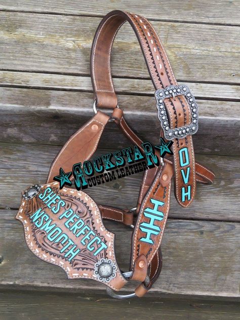 Rockstar Custom Leather bronc halter Custom Bronc Halter, Cow Halter, Western Horse Tack Turquoise, Leather Horse Halter, Vegas Shopping, Barrel Racing Tack Sets, Barrel Racing Tack Rodeo, Horses Tack, Bronc Halter