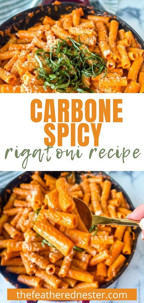 Carbone Spicy Rigatoni Recipe - This copycat Carbone Vodka Sauce is the absolute best pasta sauce you have ever had! Everyone will love how the spiciness is softened by the rich creamy smooth sauce. It coats the rigatoni pasta perfectly for the ultimate in Carbone Spicy Rigatoni. Be sure to have plenty of grated Parmesan-Reggiano on hand because it's the perfect topping for this delicious pasta recipe. | The Feathered Nester Creamy Arrabiata Sauce, Rigatoni Recipes Vegan, Spicy Bolognese Pasta, Sauce For Rigatoni Pasta, Spicy Rigatoni Pasta Bucca, Rigatoni Pasta Recipes Vegetarian, One Pot Spicy Rigatoni, Spicy Rotini Pasta, Vegetarian Rigatoni Recipes