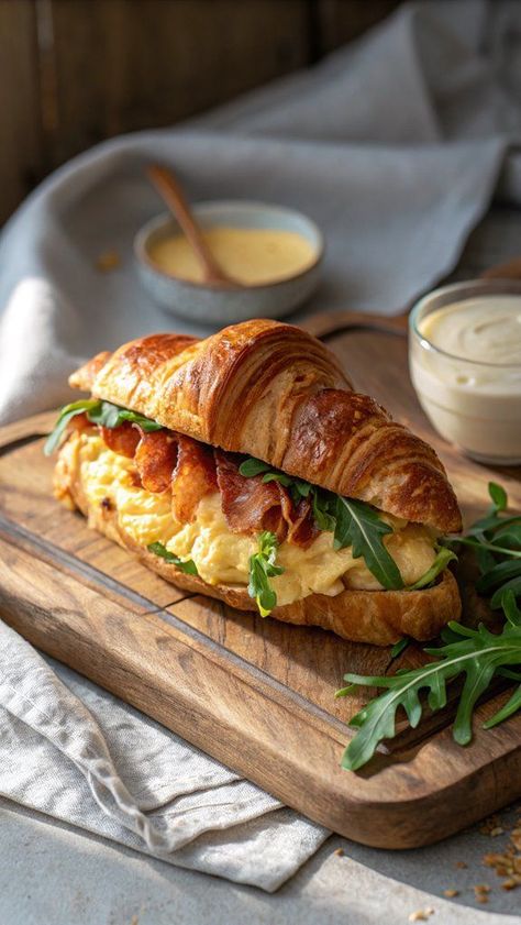 Croissant Breakfast Aesthetic, Egg Croissant Sandwich, Croissant Sandwich Ideas, Sweet Croissants, Croissants Aesthetic, Savory Croissant, Croissant Ideas, Croissant Breakfast Sandwiches, Filled Croissants