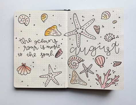 sea shell / beach themed Sea Themed Doodles, Bujo Beach Theme, Beach Journal Ideas, Bullet Journal Beach Theme, Beach Bujo, Beach Bullet Journal, Summer Journal Aesthetic, Water Tracker Bullet Journal, August Cover Page