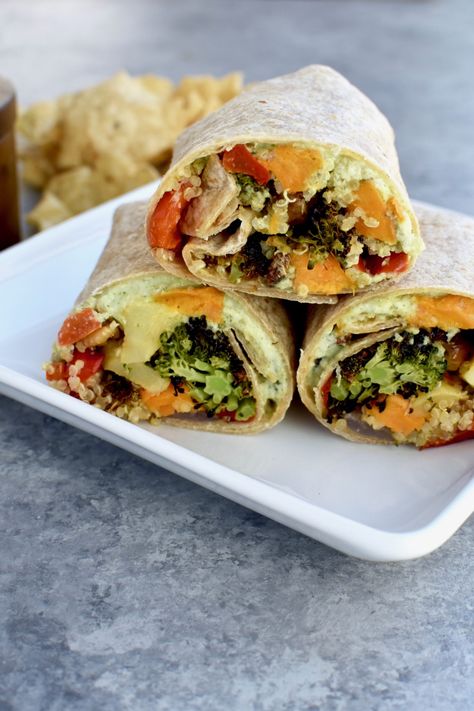 roasted veggie and quinoa wrap with cilantro lime cashew sauce // cait's plate Quinoa Wrap Recipes, Quinoa Wrap, Veggie Wrap, Cashew Sauce, Quick Easy Vegan, Healthy Wraps, Veggie Wraps, Fresh Broccoli, Health Eating