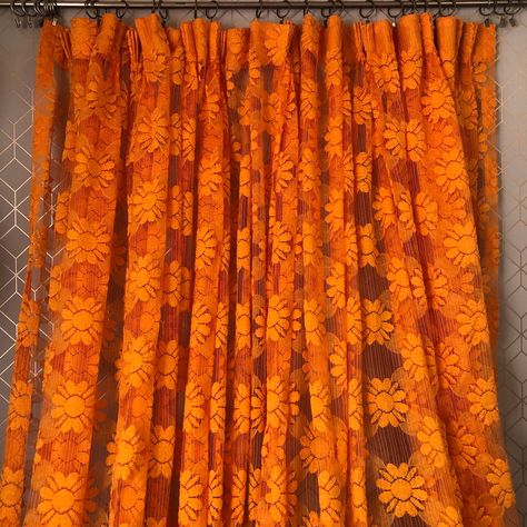 Funky Curtains, Fuzzy Flowers, Orange Daisies, Hand Printed Linen, Double Curtains, Retro Room, Italian Decor, Vintage Bath, Apartment Decor Inspiration