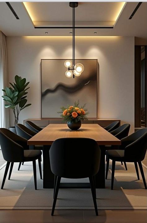 Black Dining Decor, Styling Black Dining Table, Dining Room With Wood Table, Dining Set Up Ideas, Open Dining Room Design, Black Dining Room Decor Ideas, Dinning Room Ideas Dark Brown Table, Modern Chairs For Dining Table, Modern Kitchen Dining Room Combo