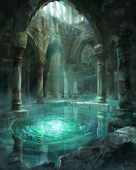 Water Temple Aesthetic, Magical Ocean Aesthetic, Water Temple Fantasy Art, Fantasy Sea Kingdom, Fantasy Landscape Underwater, The Four Elements Aesthetic, Magic Water Aesthetic, Sea Kingdom Fantasy Art, Fantasy Ocean Kingdom