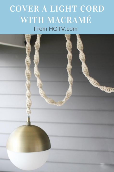 Electrical cords can be so unattractive and boring. Learn how to dress up pendant light cords with macrame. Macrame Lamp Cord, Cord Lamp Hanging, Hanging Lamp Cord, Macrame Cord Cover, Decorative Cord Covers, Cord Cover Ideas, Macrame Cord Projects, Crochet Cord Cover, Diy Cord Cover