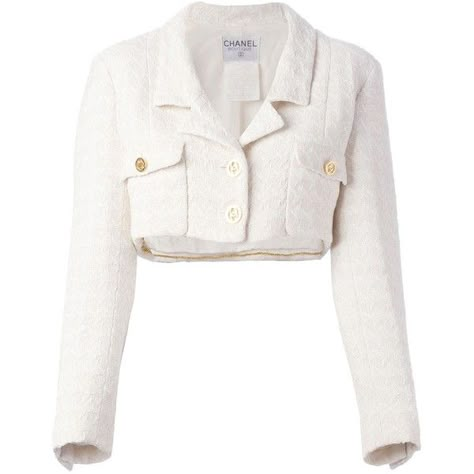 Chanel Vintage Cropped Jacket ($1,997) via Polyvore featuring outerwear, jackets, chanel, long sleeve crop jacket, cropped jacket, vintage jacket and white cropped jacket White Cropped Jacket, Chanel Jacket, Elegante Casual, Long Sleeve Jacket, Chanel Vintage, Jacket Long, Kpop Fashion Outfits, Sleeve Jacket, White Jacket