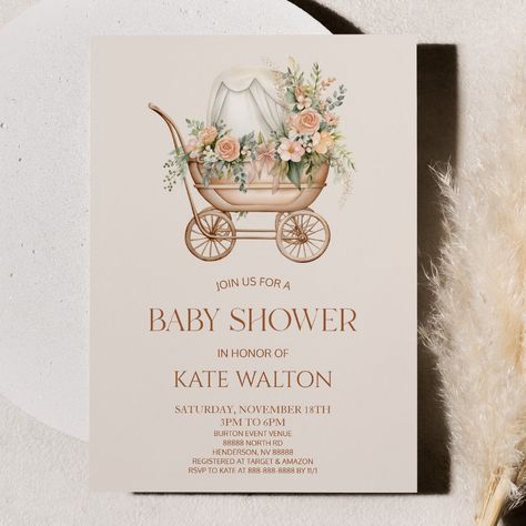 Vintage Baby Shower Theme, Vintage Baby Carriage, November Baby Shower, Fancy Baby Shower, Gender Reveal Baby Shower Themes, Invitations Pink, Garden Baby Showers, Vintage Baby Shower, Baby Shower Vintage