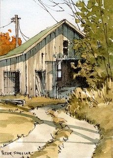 Peter Sheeler, Watercolor Barns, Watercolor House Painting, Barn Pictures, Watercolor Art Landscape, Watercolor Architecture, Barn Painting, Diy Watercolor Painting, Watercolour Inspiration