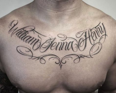 Chest Tattoo Name, Chest Tattoo Writing, Chest Tattoo Fonts, Chest Tattoo Lettering, Chest And Back Tattoo, Tattoo Name Fonts, Tattoo Font For Men, Chicanas Tattoo, Scotland Rugby