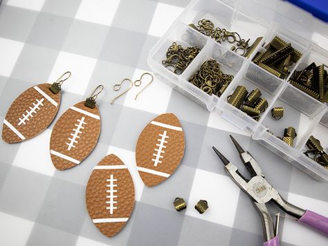 Leather Football Earrings, Diy Acrylic Earrings, Faux Earrings, Cricut Earrings, Silhouette Jewelry, Football Jewelry, Side Work, Football Earrings, Diy Leather Earrings