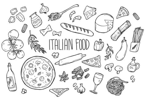 Italian Drawings Easy, Pasta Doodle Drawing, Italian Food Drawing, Italy Drawing Easy, Italy Doodles, Italian Clipart, Food Drawing Easy, Food Sketches, Sketch Icon