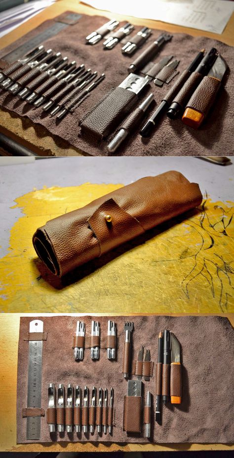 Customize a leather tool roll to fit your exact tools. Art Du Cuir, Leather Tool Roll, Leather Working Projects, Diy En Cuir, Diy Pencil Case, Leather Working Tools, Diy Pencil, Leather Craft Projects, Tool Roll