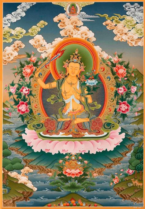 Arya Boddhisattva Manjushri Original Hand Painted Thangka Vajrayana Buddhism Painting Religious Tibetan Wall Hanging Art - Etsy Nepal Golden Skin, Thangka Art, Mahayana Buddhism, Buddha Teachings, Wall Hanging Art, The Wisdom, Hanging Art, Digital Art Prints, Tibet