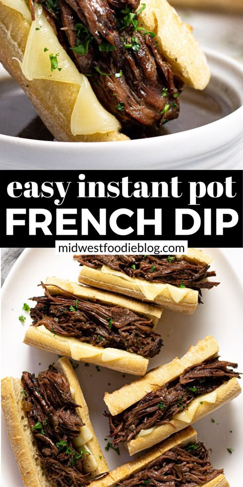 These Instant Pot French Dip sandwiches are loaded with tender, juicy, shredded beef that cooks in just about 90 minutes from start to finish! This one will quickly earn a spot in your monthly family dinner rotation! Instant Pot French Dip Sandwiches, Shredded Beef Sandwiches, Instant Pot French Dip, Instapot Meals, French Dip Sandwiches, Beef Dip, Dip Sandwiches, Easy Family Dinner Recipes, Dinner Rotation